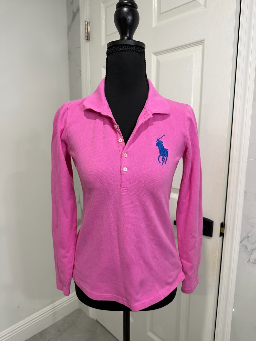 Ralph Lauren Pink Long Sleeve Polo with Blue Pony Embroidery